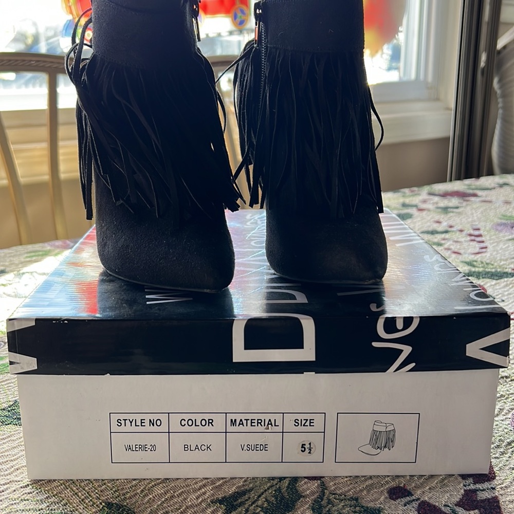 Black Suede Fringe Heeled Booties - Picture 10 of 10